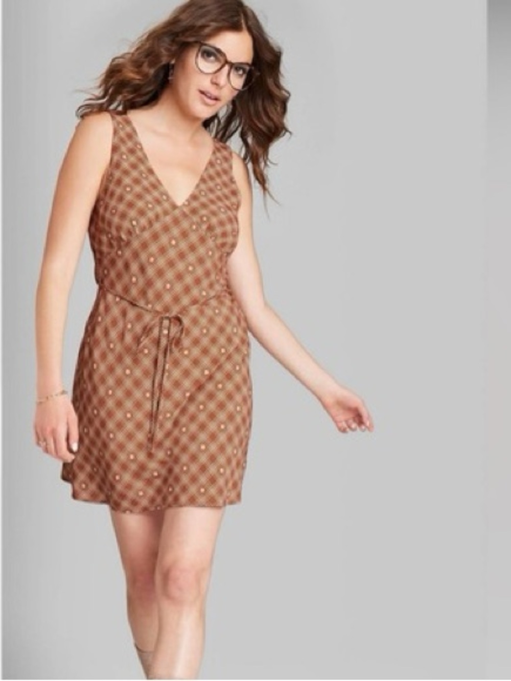 Wild Fable Brown Cream Plaid Floral V Neck Plunge Mini Sundress Sleeveless XS